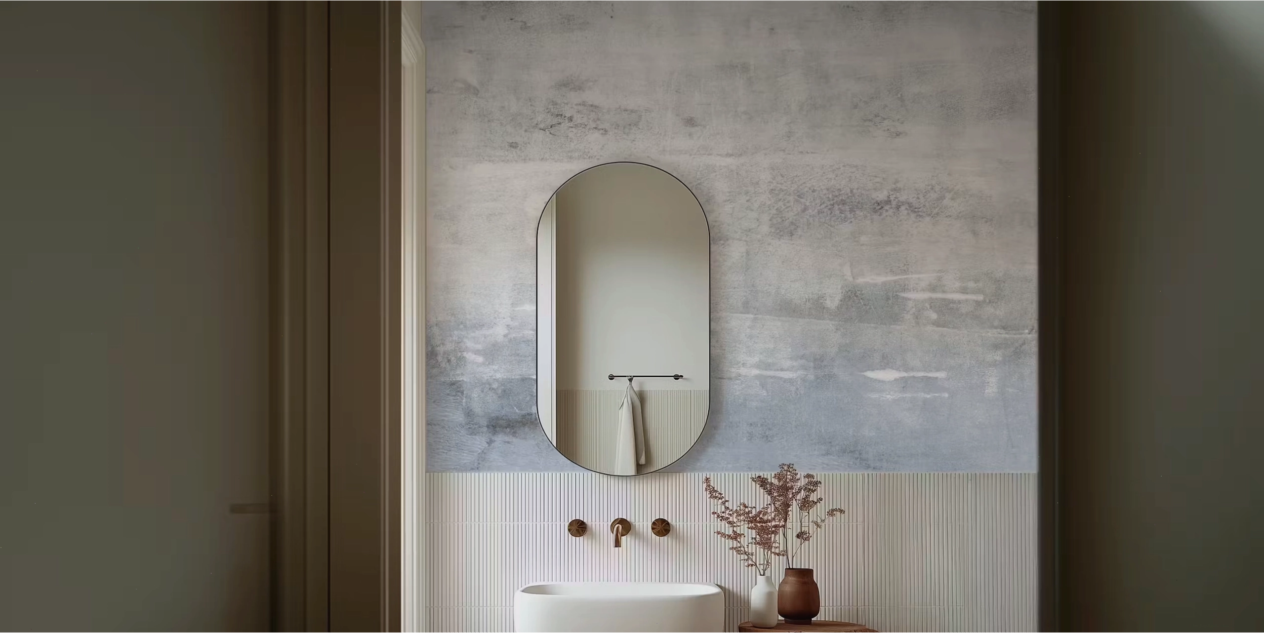 Light grey concrete look wallpaper in a room hall
