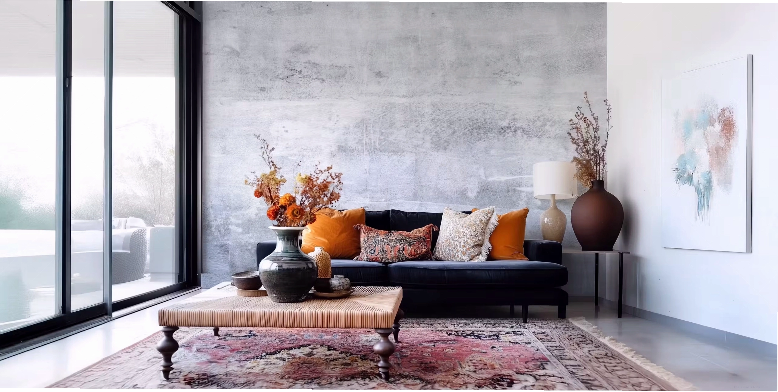 Light grey concrete look wallpaper in a room study