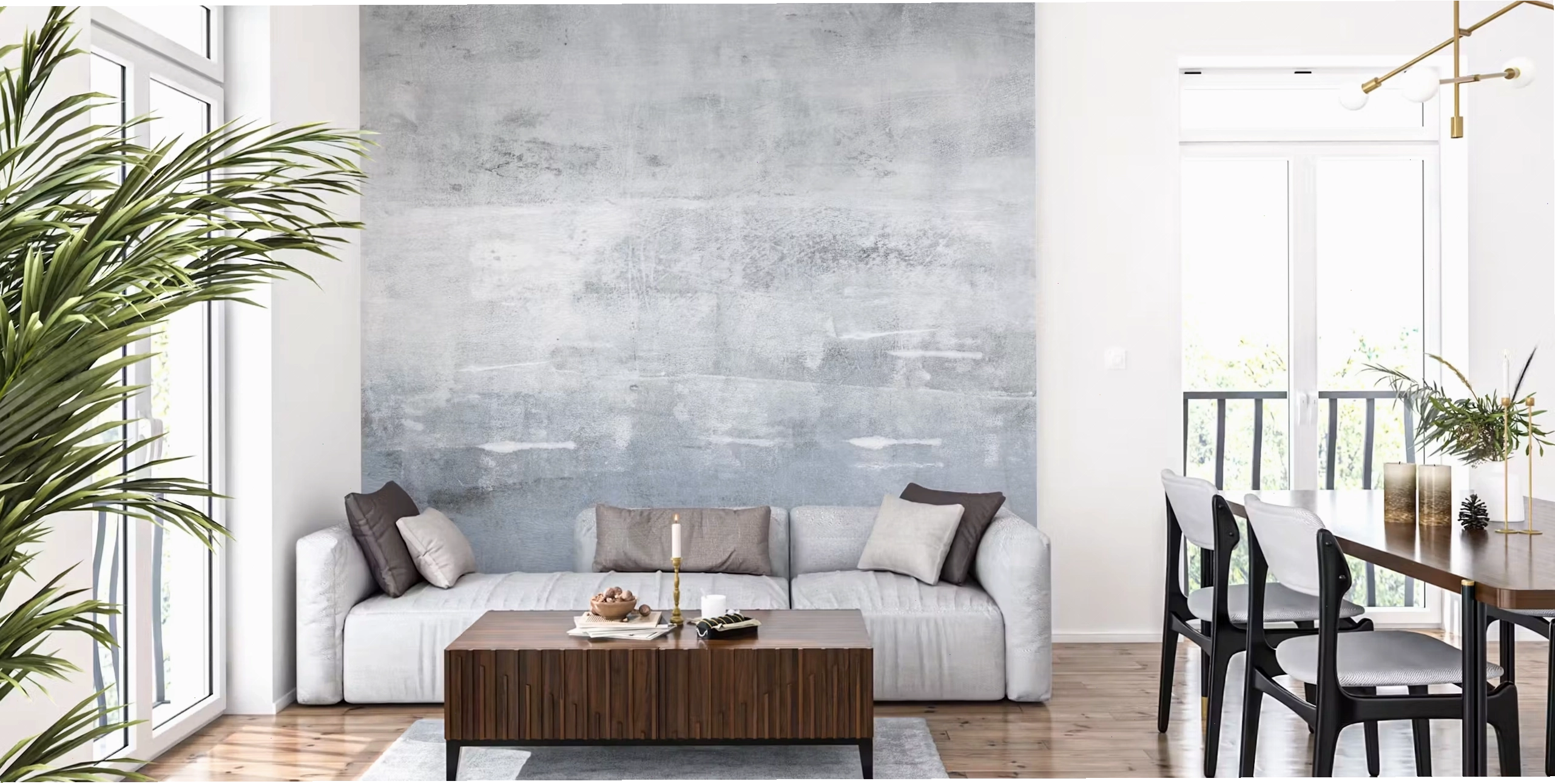 Light grey concrete look wallpaper in a room with industrial lighting