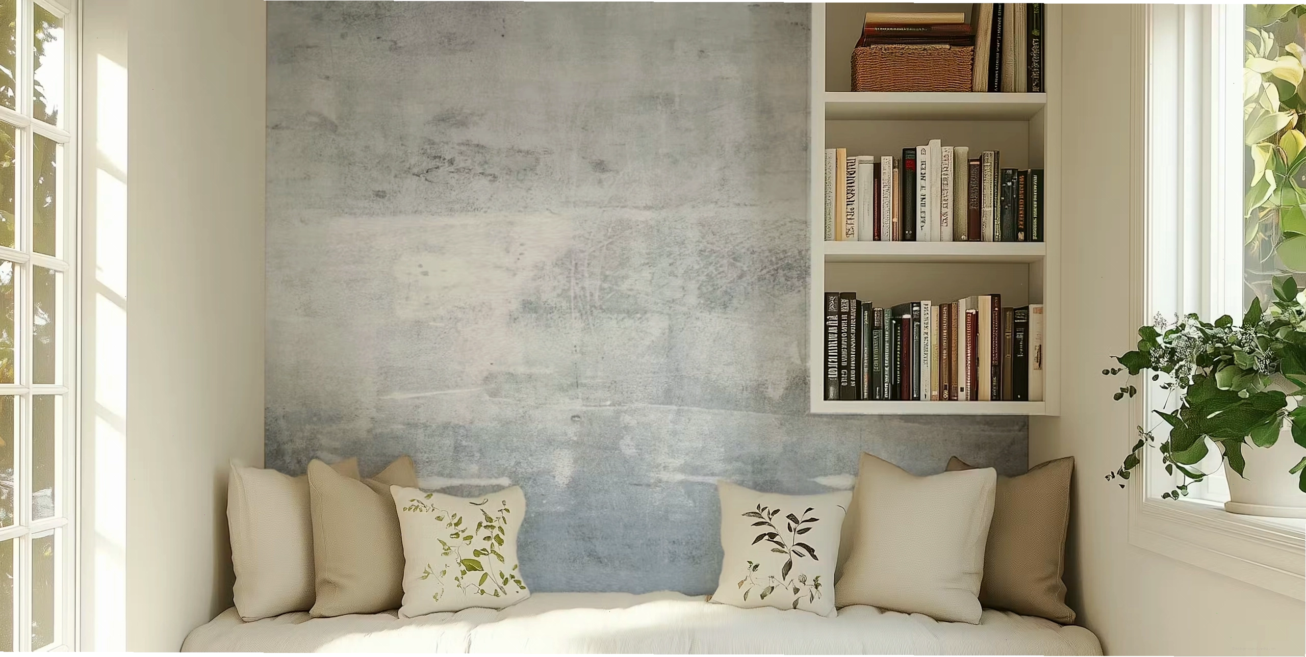 Light grey concrete look wallpaper in a room with minimal decor